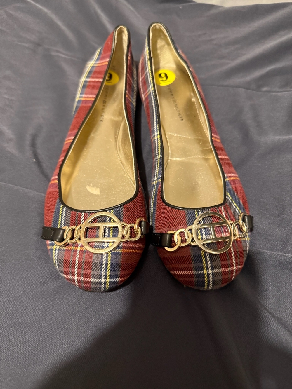 Tommy Hilfiger Red Plaid Ballet Flats with Gold Chain